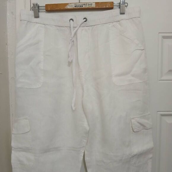 Nicole miller womens 1xl cargo white jogger 100% linen pants elastic waist - Picture 2 of 7